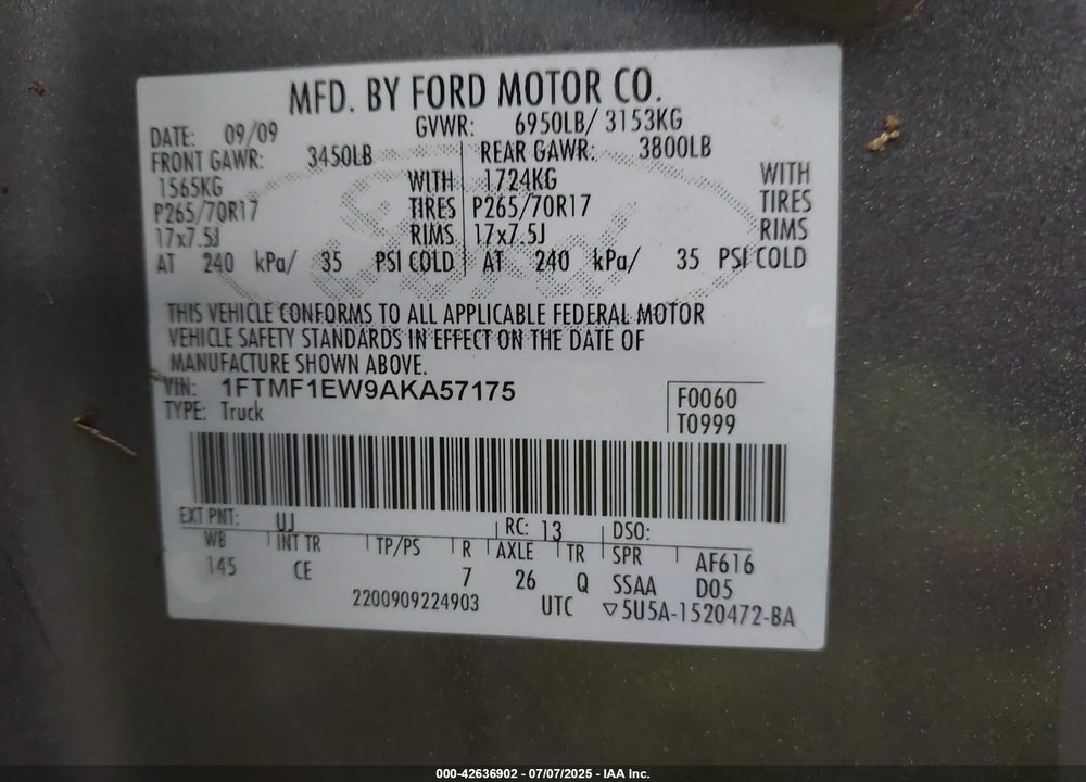 2010 FORD F-150 VIN: 1FTMF1EW9AKA57175