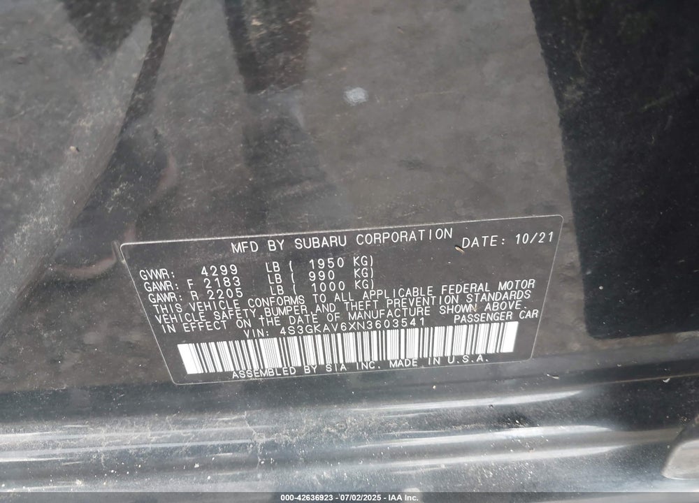 2022 SUBARU IMPREZA VIN: 4S3GKAV6XN3603541
