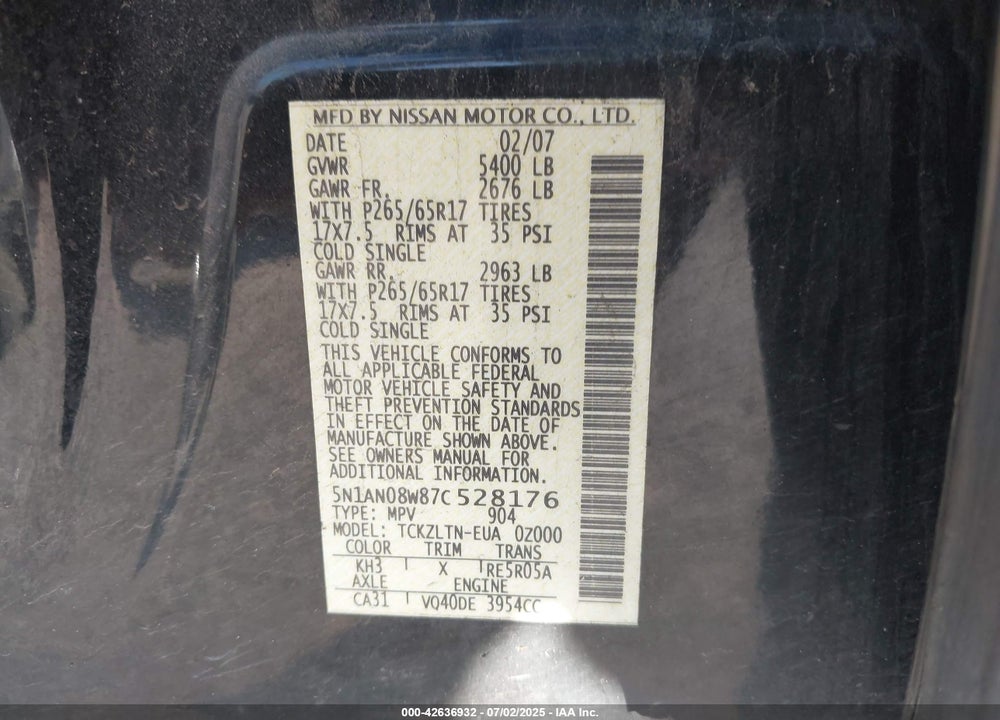 2007 NISSAN XTERRA VIN: 5N1AN08W87C528176