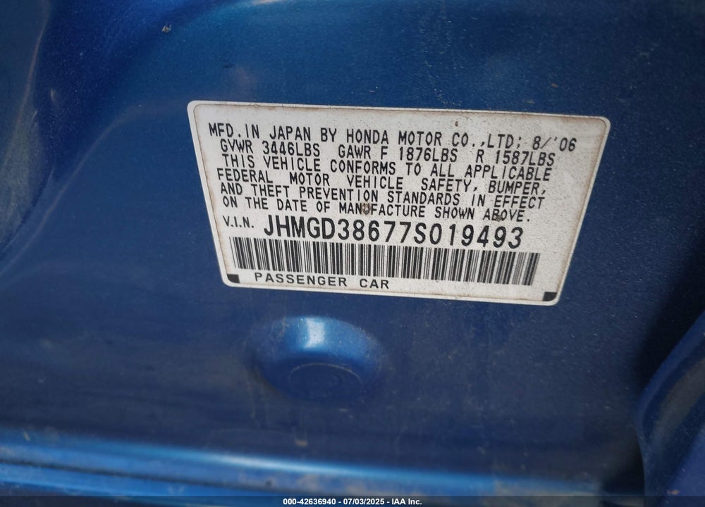 2007 HONDA FIT SPORT VIN: JHMGD38677S019493