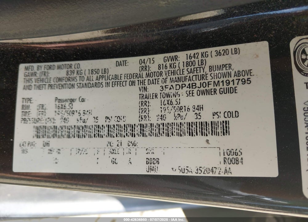 2015 FORD FIESTA SE VIN: 3FADP4BJ0FM191795