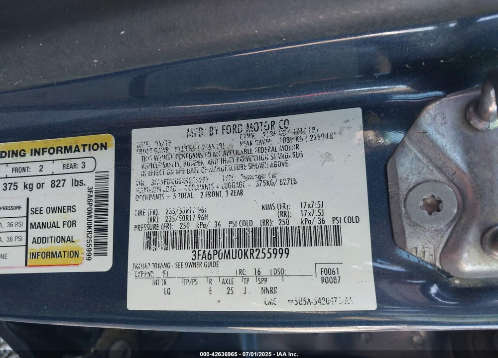 2019 FORD FUSION VIN: 3FA6P0MU0KR255999