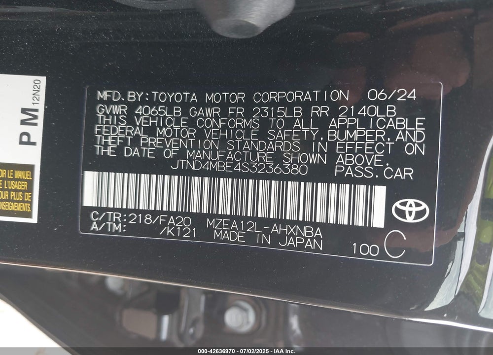 2025 TOYOTA COROLLA VIN: JTND4MBE4S3236380