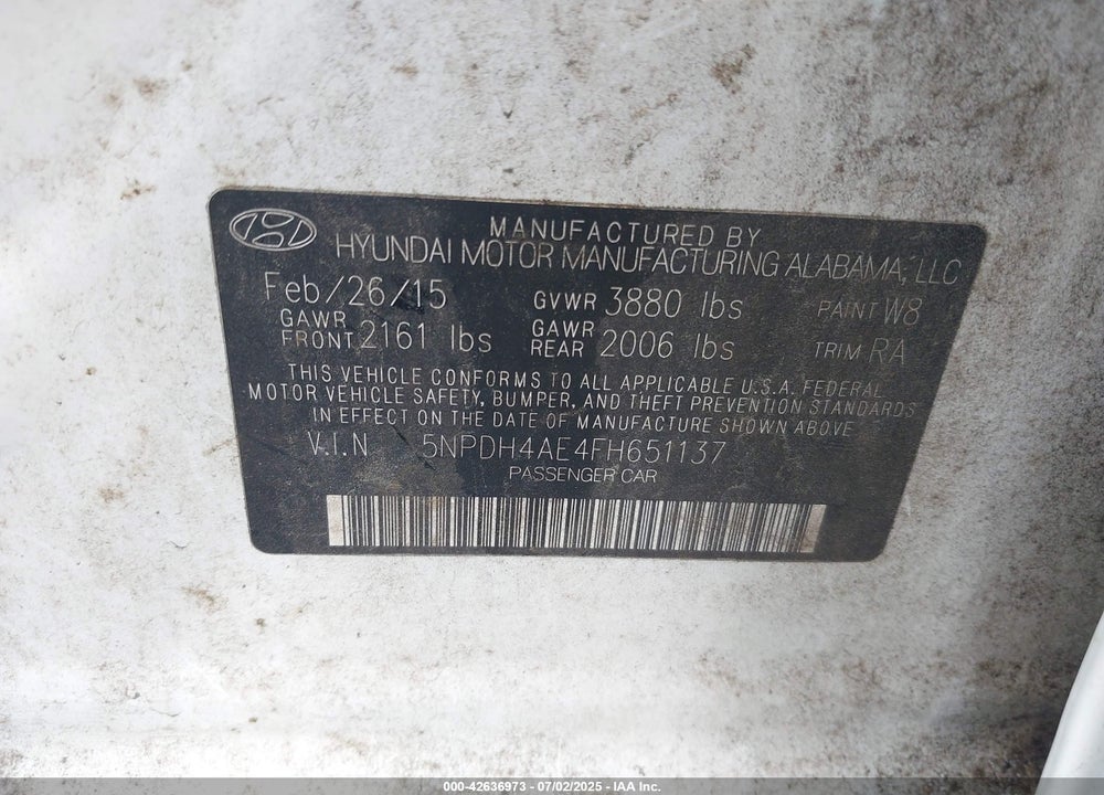 2015 HYUNDAI ELANTRA SE VIN: 5NPDH4AE4FH651137