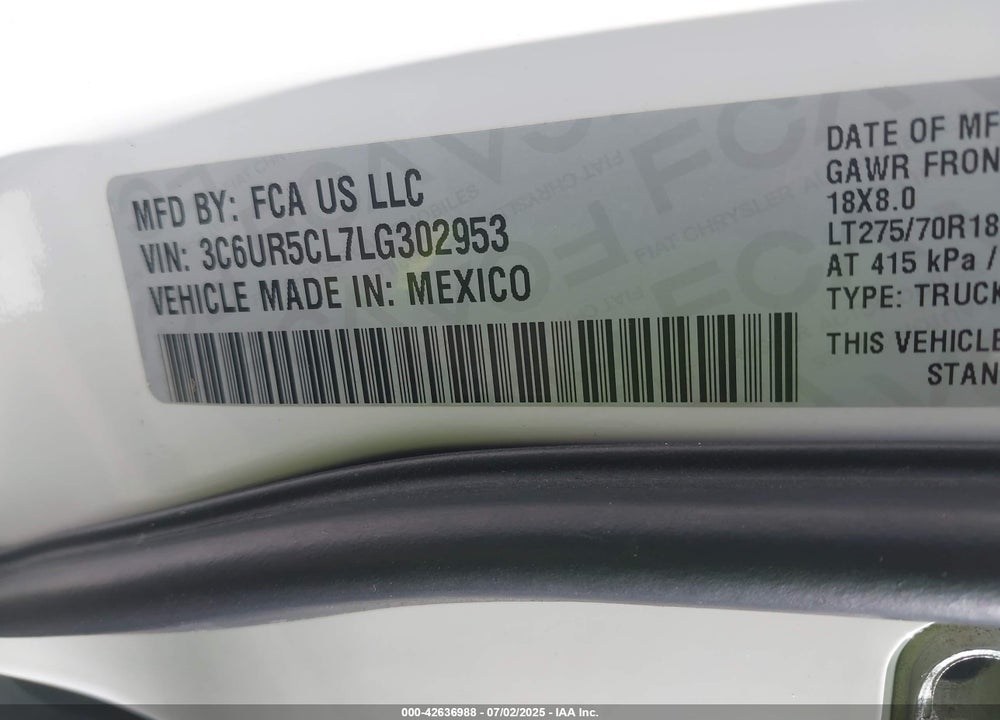 2020 RAM 2500 VIN: 3C6UR5CL7LG302953