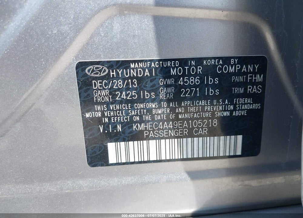2014 HYUNDAI SONATA HYBRID VIN: KMHEC4A49EA105218