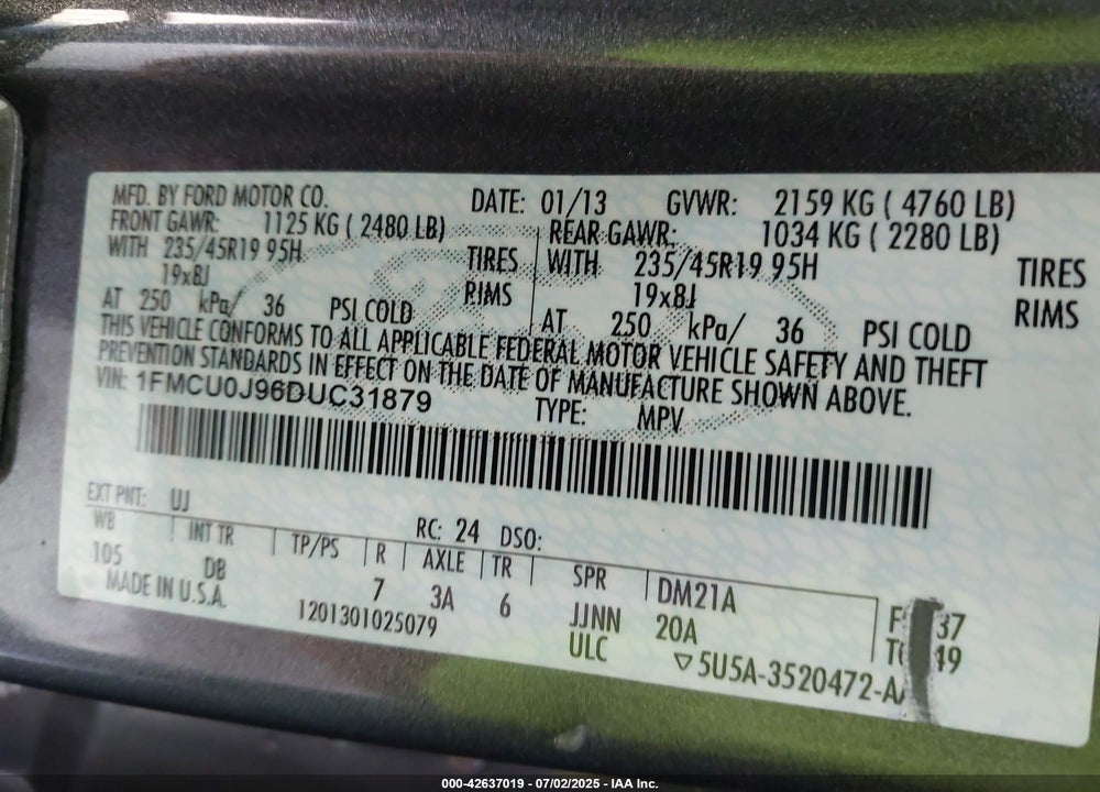 2013 FORD ESCAPE VIN: 1FMCU0J96DUC31879