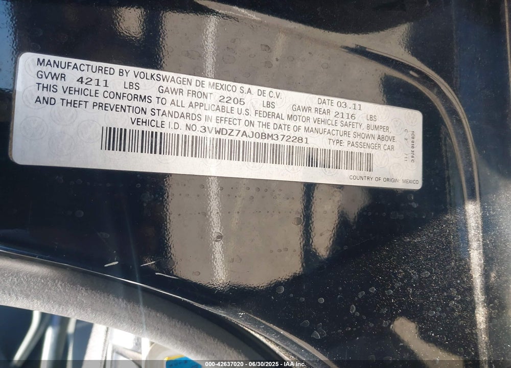 2011 VOLKSWAGEN JETTA 2.5L SE VIN: 3VWDZ7AJ0BM372281