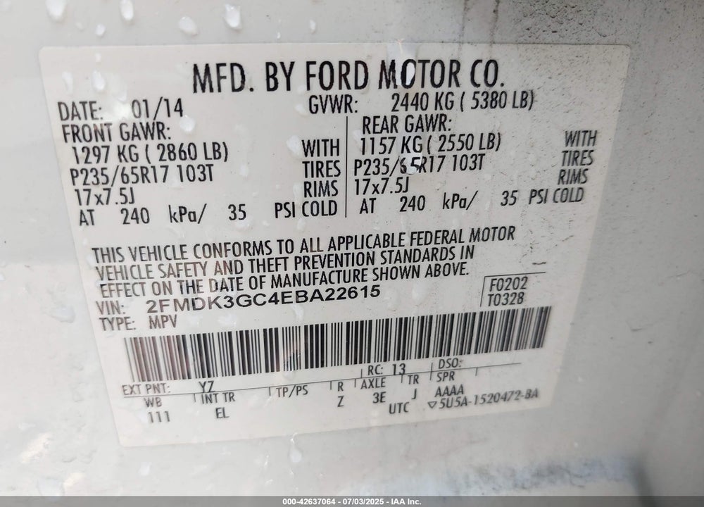 2014 FORD EDGE VIN: 2FMDK3GC4EBA22615