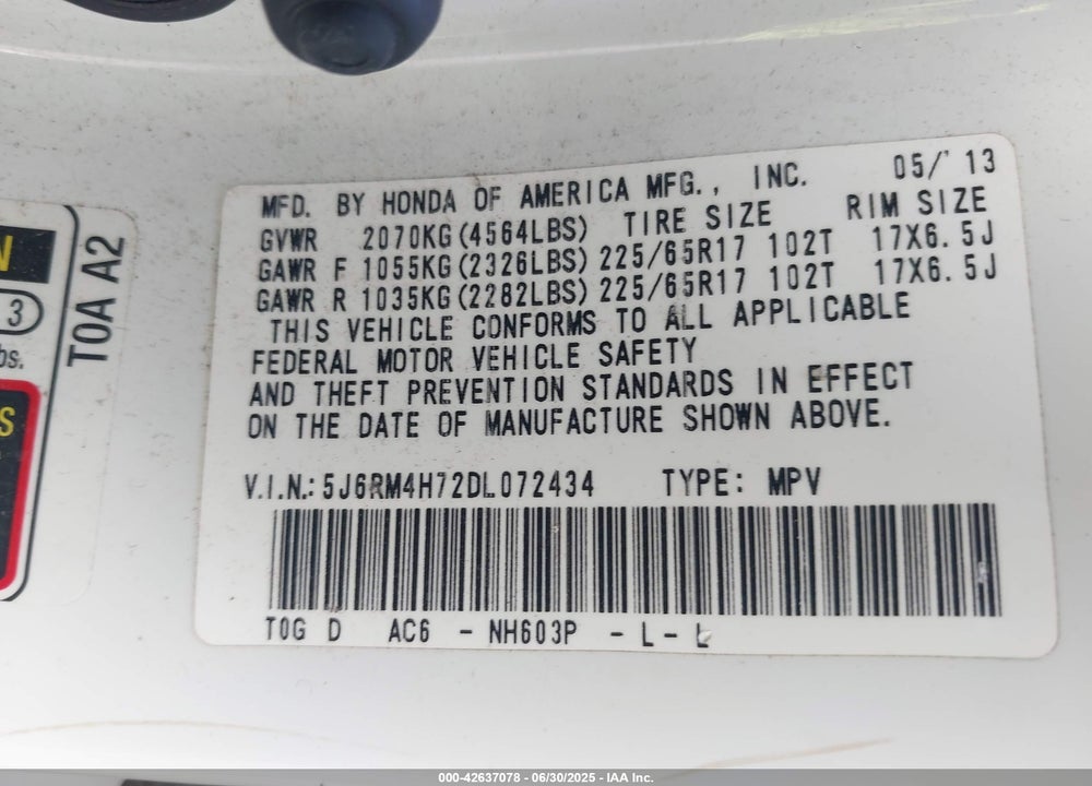 2013 HONDA CR-V EX-L VIN: 5J6RM4H72DL072434