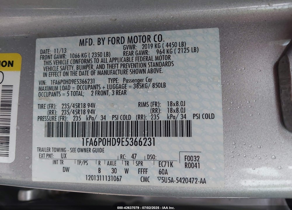 2014 FORD FUSION VIN: 1FA6P0HD9E5366231