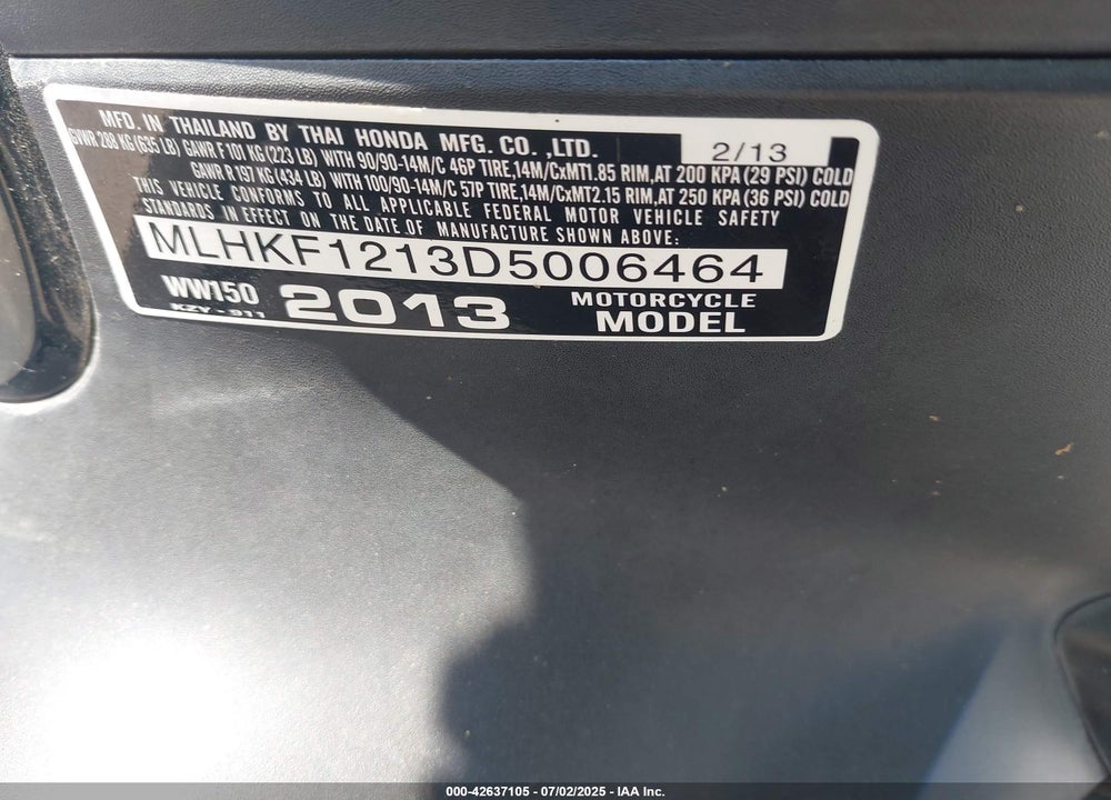 2013 HONDA PCX VIN: MLHKF1213D5006464