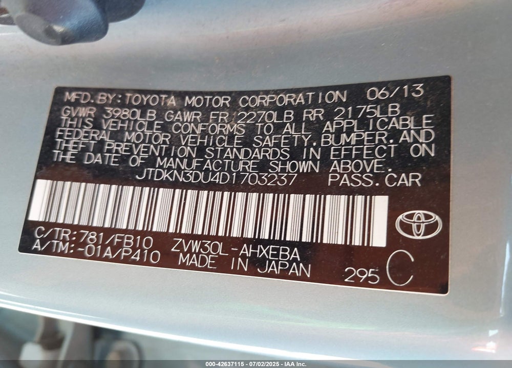 2013 TOYOTA PRIUS VIN: JTDKN3DU4D1703237