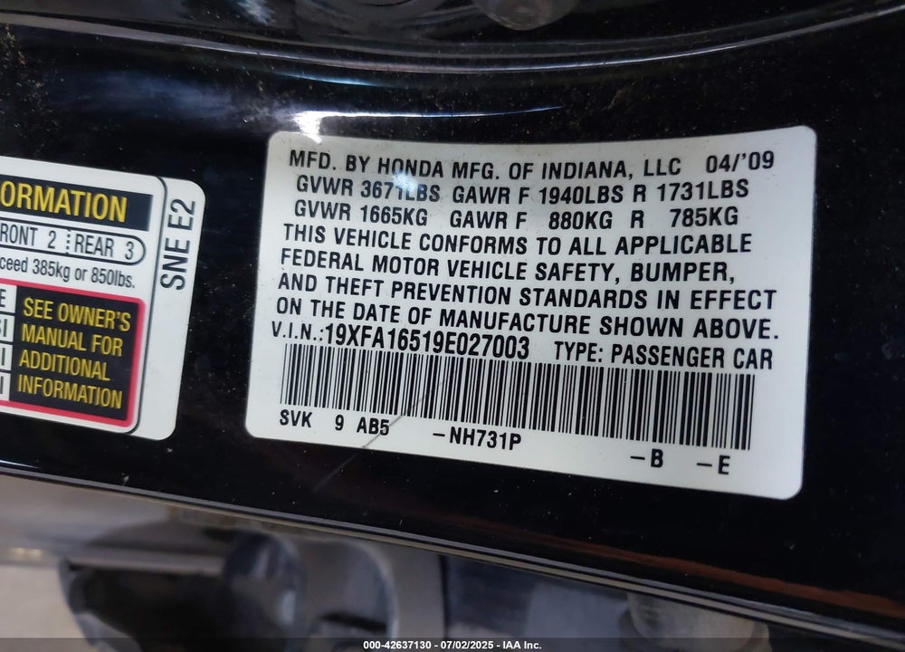 2009 HONDA CIVIC LX VIN: 19XFA16519E027003