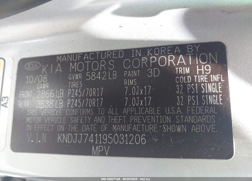 2009 KIA BORREGO VIN: KNDJJ741195031206