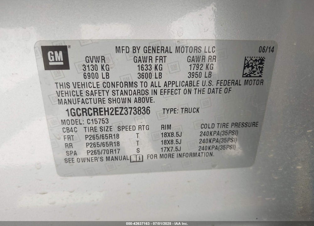 2014 CHEVROLET SILVERADO 1500 VIN: 1GCRCREH2EZ373836