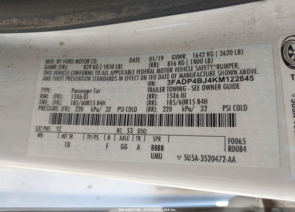 2019 FORD FIESTA VIN: 3FADP4BJ4KM122845
