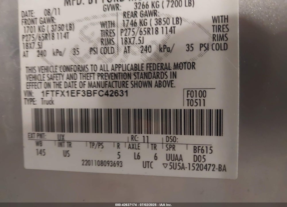 2011 FORD F150 VIN: 1FTFX1EF3BFC42631