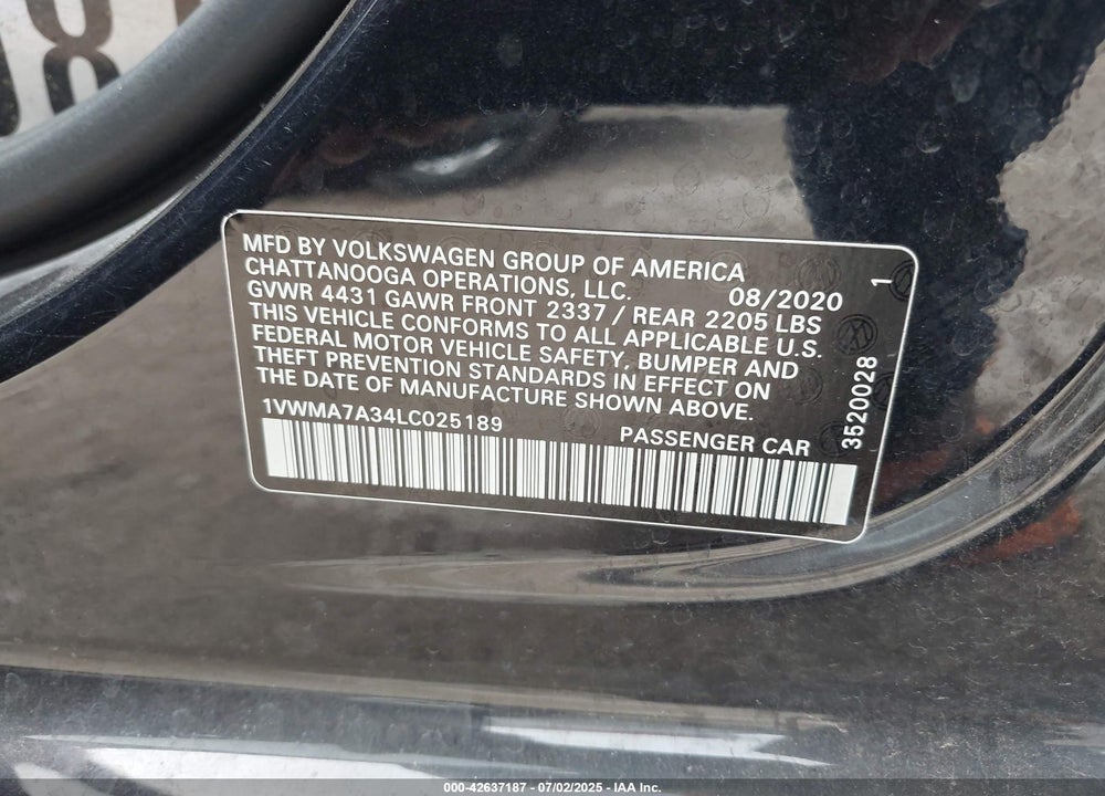 2020 VOLKSWAGEN PASSAT VIN: 1VWMA7A34LC025189