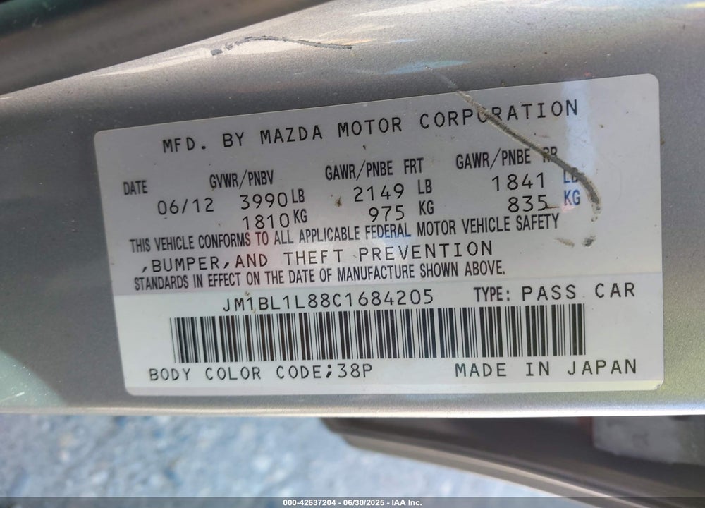 2012 MAZDA 3 VIN: JM1BL1L88C1684205