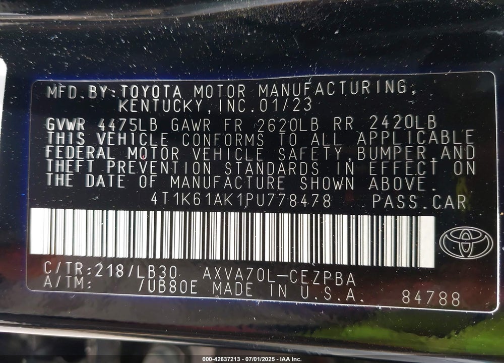 2023 TOYOTA CAMRY VIN: 4T1K61AK1PU778478