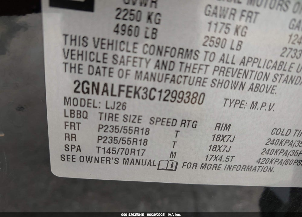 2012 CHEVROLET EQUINOX VIN: 2GNALFEK3C1299380