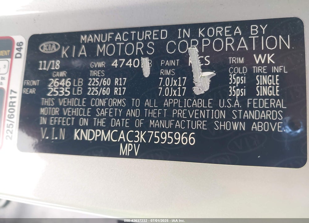 2019 KIA SPORTAGE VIN: KNDPMCAC3K7595966