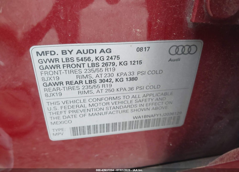2018 AUDI Q5 VIN: WA1BNAFY1J2036129
