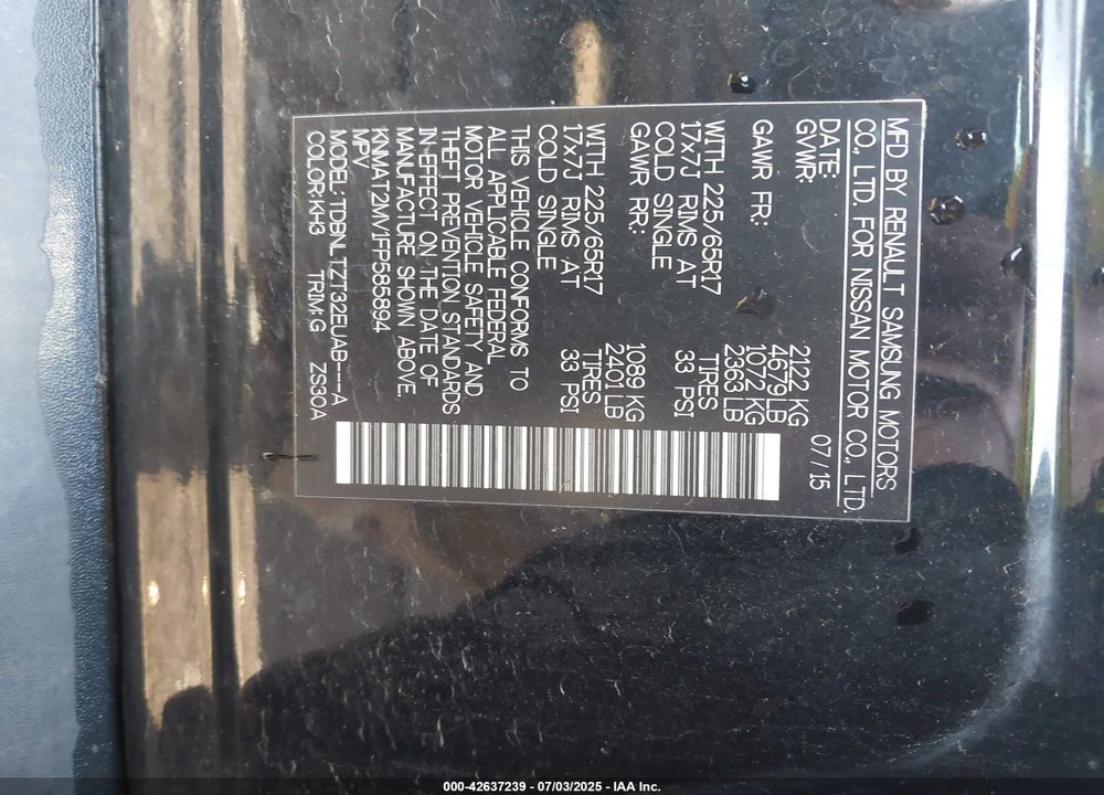 2015 NISSAN ROGUE VIN: KNMAT2MV1FP585894