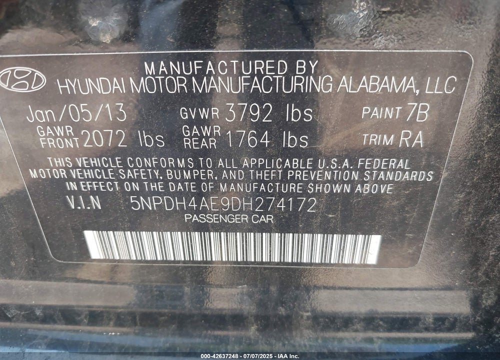 2013 HYUNDAI ELANTRA VIN: 5NPDH4AE9DH274172