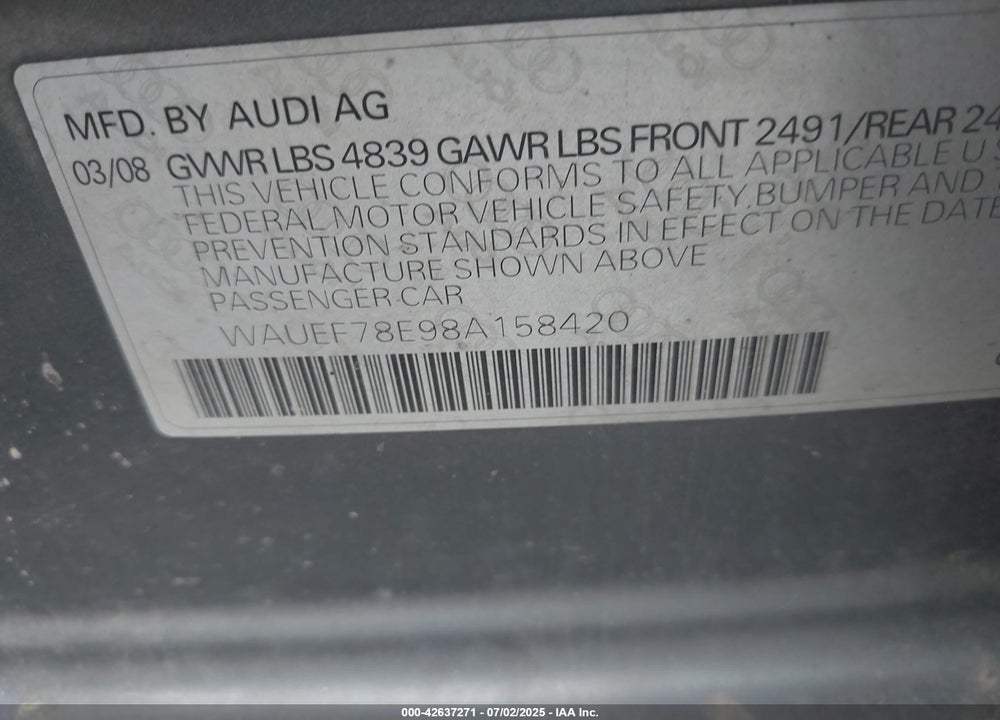 2008 AUDI A4 VIN: WAUEF78E98A158420