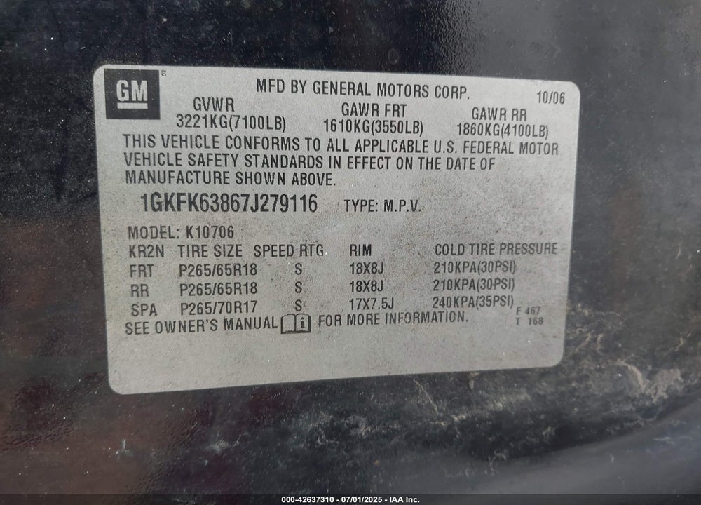 2007 GMC YUKON VIN: 1GKFK63867J279116