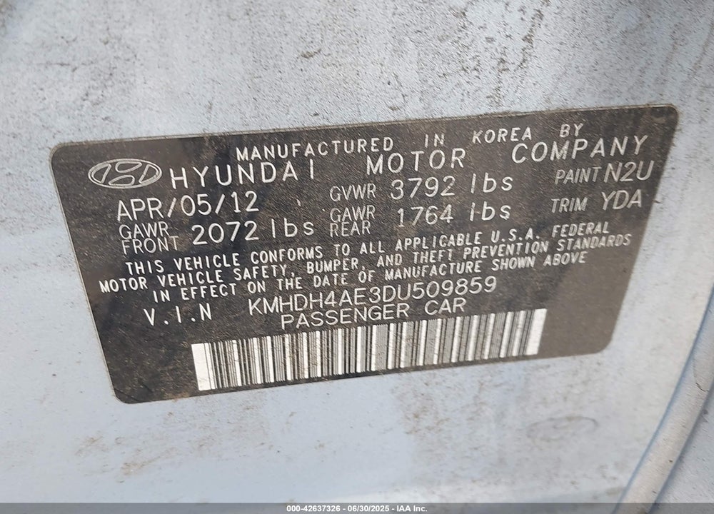 2013 HYUNDAI ELANTRA VIN: KMHDH4AE3DU509859
