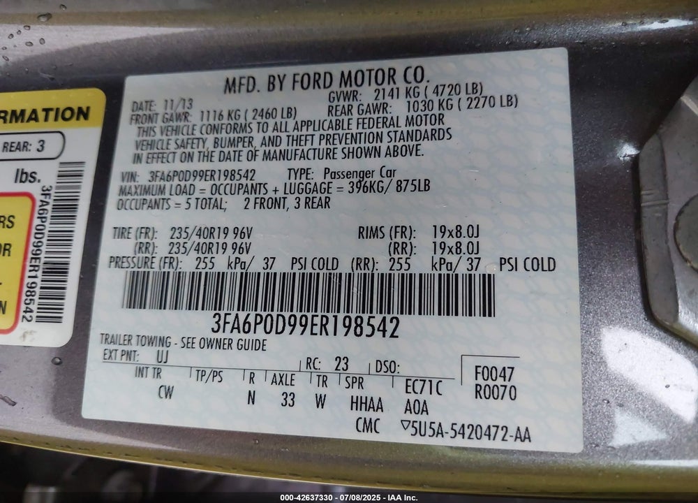 2014 FORD FUSION TITANIUM VIN: 3FA6P0D99ER198542