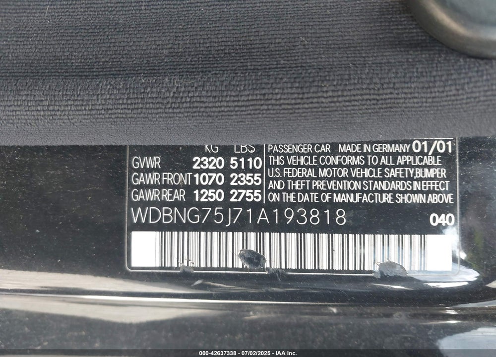 2001 MERCEDES-BENZ S 500 VIN: WDBNG75J71A193818