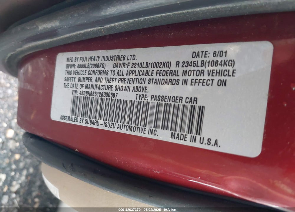 2002 SUBARU OUTBACK VIN: 4S3BH665126300587