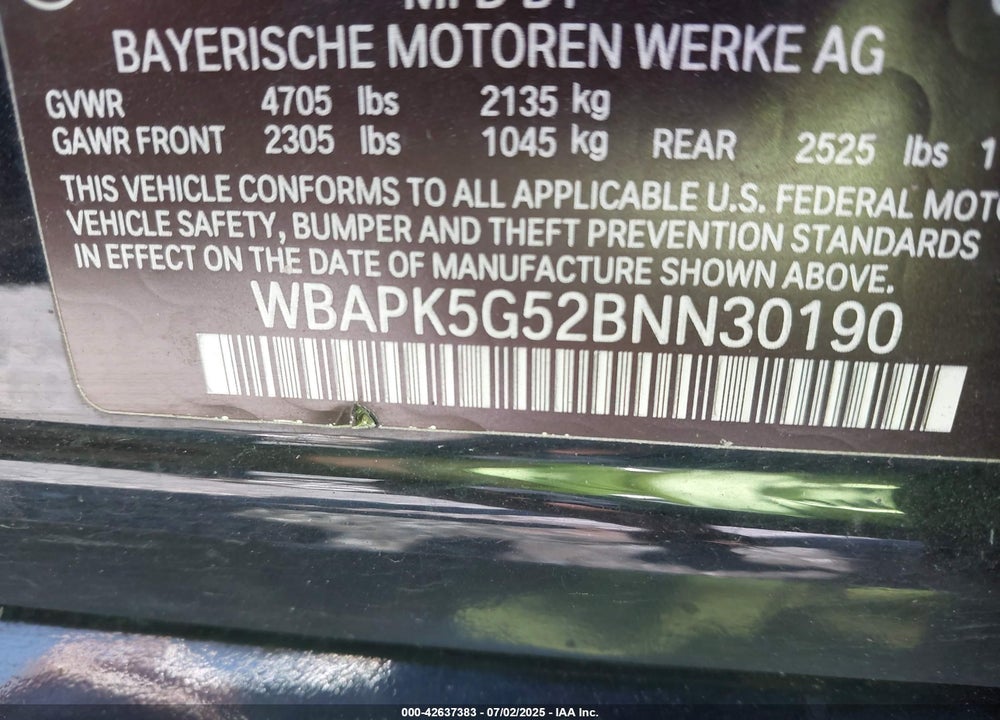 2011 BMW 3 SERIES VIN: WBAPK5G52BNN30190