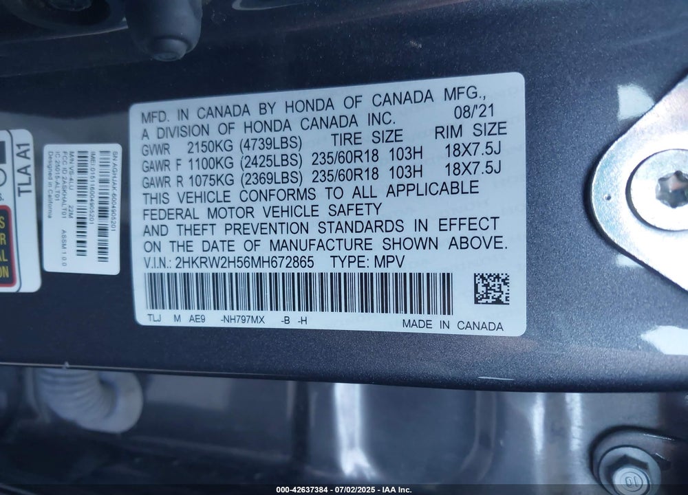 2021 HONDA CR-V VIN: 2HKRW2H56MH672865