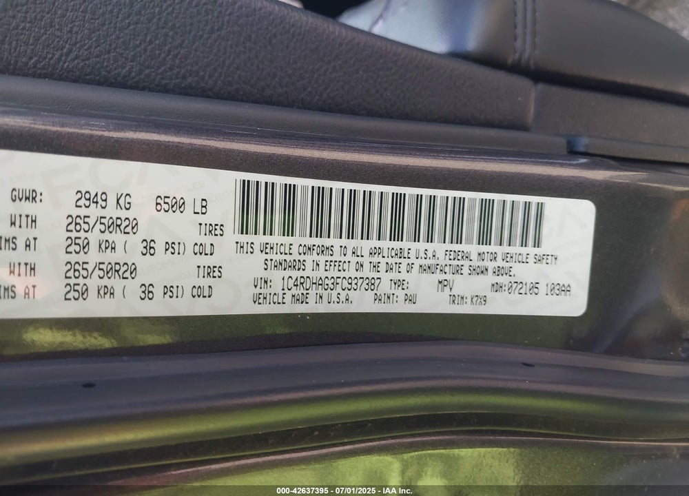 2015 DODGE DURANGO VIN: 1C4RDHAG3FC937387