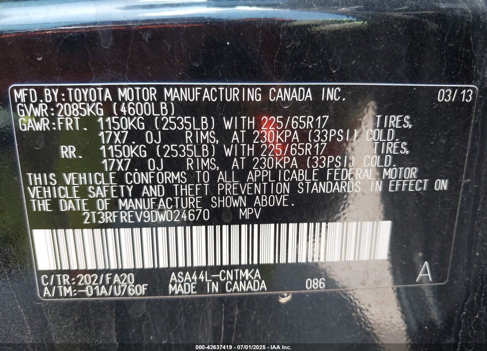 2013 TOYOTA RAV4 XLE VIN: 2T3RFREV9DW024670