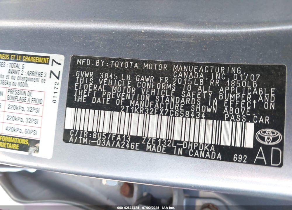 2007 TOYOTA MATRIX VIN: 2T1KR32EX7C658434