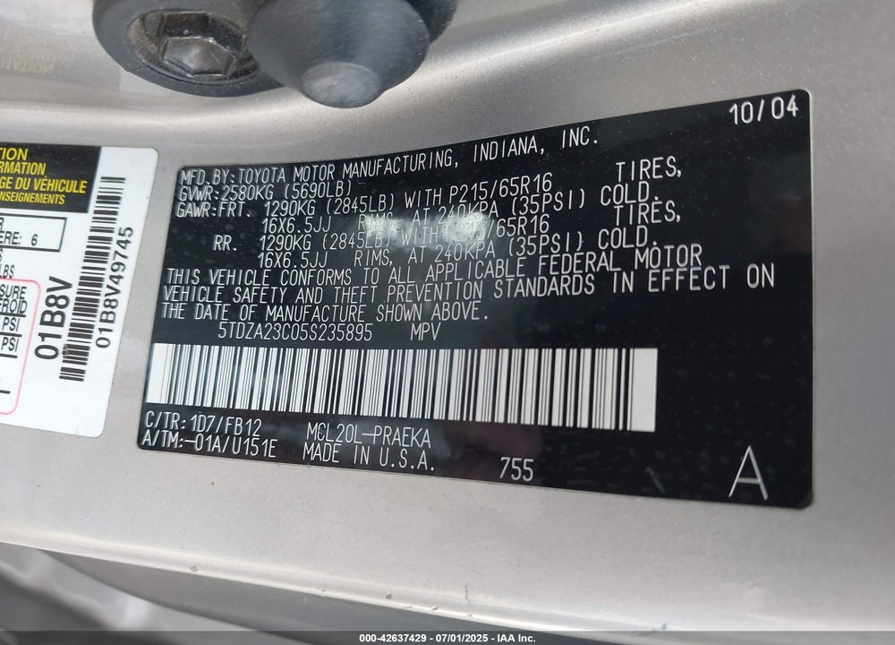 2005 TOYOTA SIENNA LE VIN: 5TDZA23C05S235895