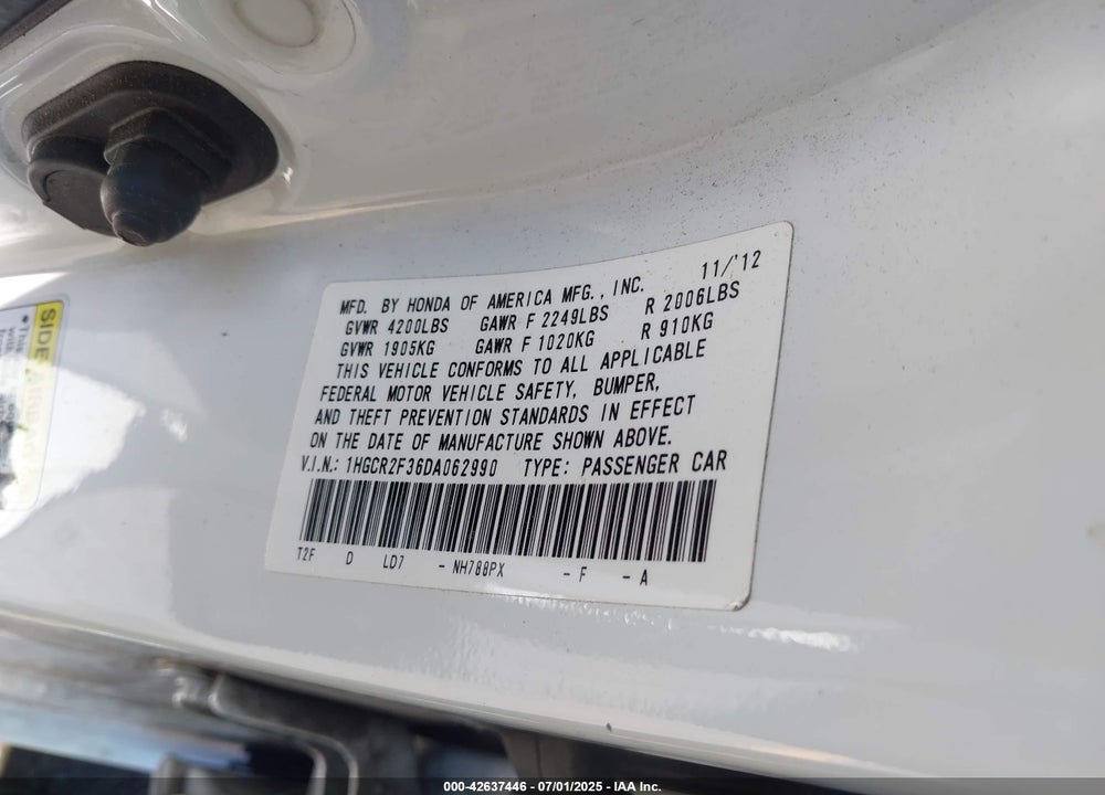 2013 HONDA ACCORD VIN: 1HGCR2F36DA062990