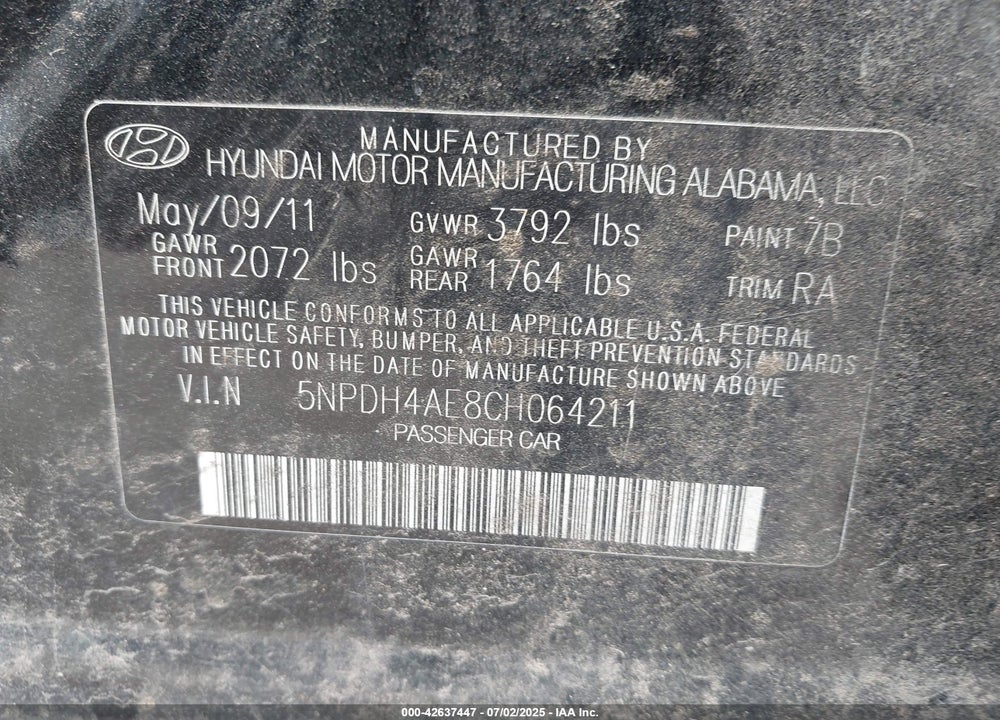 2012 HYUNDAI ELANTRA GLS VIN: 5NPDH4AE8CH064211
