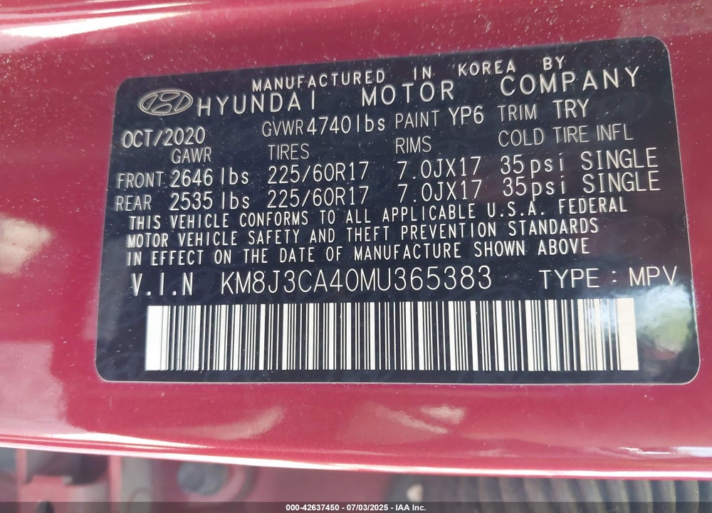 2021 HYUNDAI TUCSON VIN: KM8J3CA40MU365383