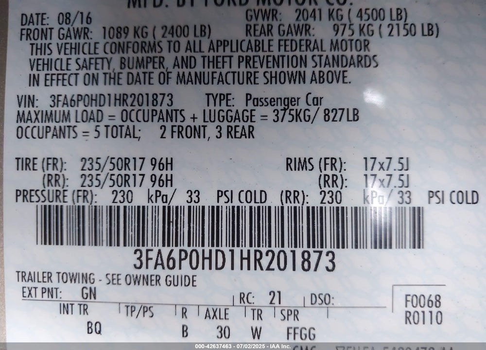 2017 FORD FUSION VIN: 3FA6P0HD1HR201873