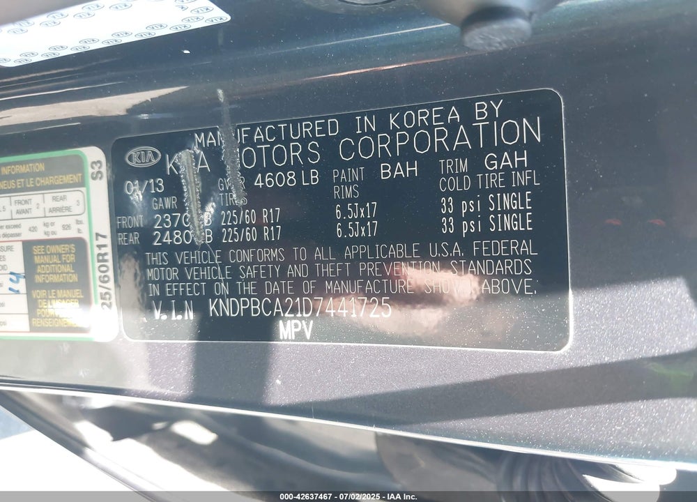 2013 KIA SPORTAGE VIN: KNDPBCA21D7441725