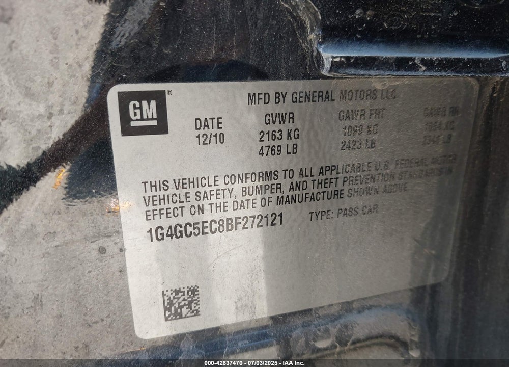 2011 BUICK LACROSSE VIN: 1G4GC5EC8BF272121