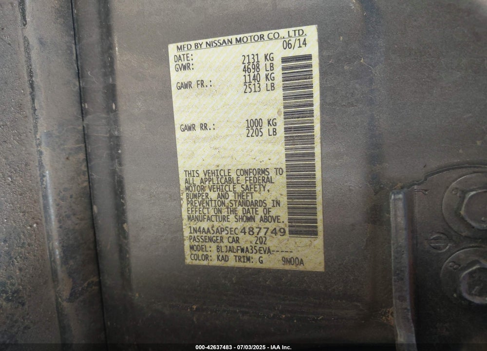 2014 NISSAN MAXIMA VIN: 1N4AA5AP5EC487749
