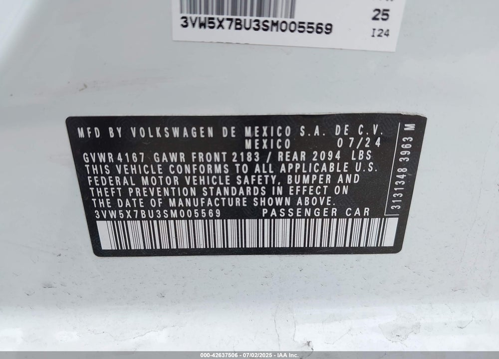 2025 VOLKSWAGEN JETTA VIN: 3VW5X7BU3SM005569
